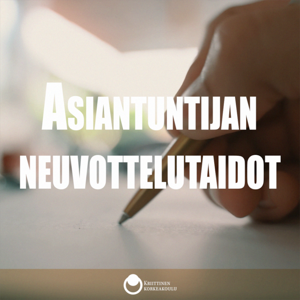 Asiantuntijan neuvottelutaidot -mainoskuva. Käsi kirjoittaa kynällä jotakin. Tunnelma on rauhallinen.